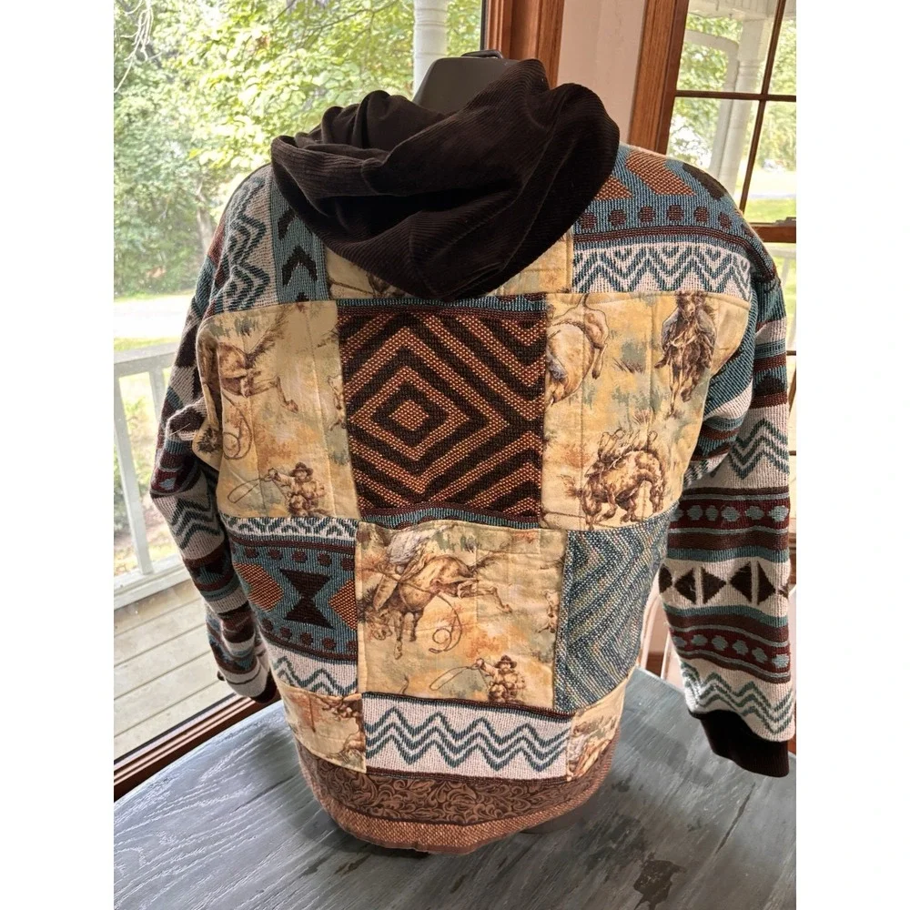 Upcycled Quilt Blanket Hoodie L-XL Handmade Rodeo Cowboy 1:1 Unisex Tapestry NEW - Picture 2 of 4